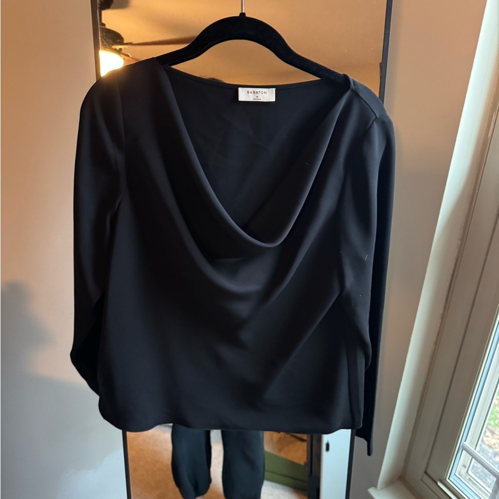 Babaton Black Draped Neck Long-Sleeve Blouse